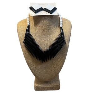 80's Black Spike Bead‎ Chocker & earrings black and white tone, plastic